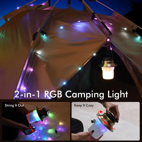 Vista 7 de Luces LED recargables y linterna, lámpara impermeable con 5 modos de luces RGB, luz de tienda de campaña de brillo ajustable, linterna al aire libre