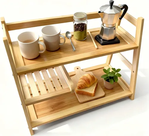 Vista 4 de Bamboo Matcha Station Organizer - Large Capacity 3-Tier Shelf Madera