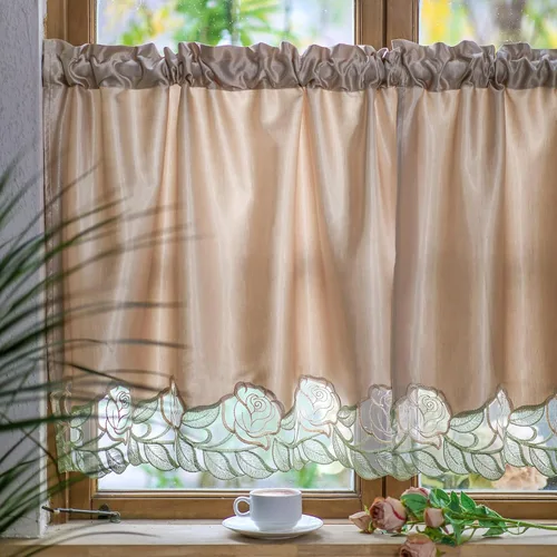 Vista 3 de SUTAVIA Juego de 2 cortinas clásicas de encaje rosa para cocina, cortinas de cafetería, cortinas de satén dorado con bolsillo para barra