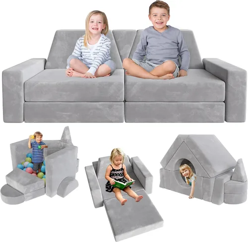 Vista 10 de 15 piezas Sofá de juego modular para niños, Sofá para niños pequeños y niños, sofás para niños pequeños, Kit de construcción de fortalezas con sofás