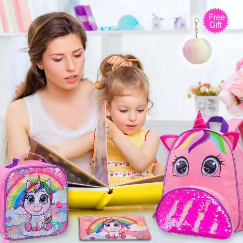 Vista 2 de Mochila de unicornio para niñas bonita mochila preescolar y lonchera para niños pequeños bonita mochila escolar de lentejuelas para niños pequeños
