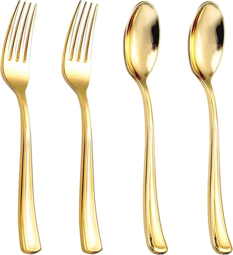 Vista 10 de BUCLA 200 Piezas Cubiertos de Plástico Dorado – Tenedores y Cucharas de Plástico Dorado Estilo Barroco – 100 Tenedores y 100 Cucharas para Bodas Oro