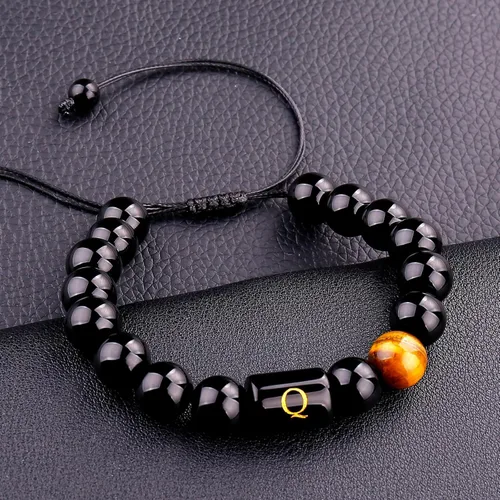 Vista 86 de SUMMER LOVE Regalos para el Día del Padre, pulsera con inicial de piedra de ónix negro de 0.394 pulgadas para hombres, pulsera de cuerda trenzada