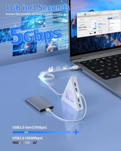 Vista 5 de Hub USB 3.0 de 7 puertos, divisor de concentrador USB vertical blanco con iluminación RGB en forma de árbol, transferencia de alta velocidad de 5