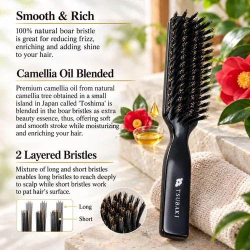 Vista 2 de Cepillo de pelo de cerdas de jabalí natural [fabricado en Japón] con aceite de camelia, cerdas suaves [cepillo para el cabello], calidad premium
