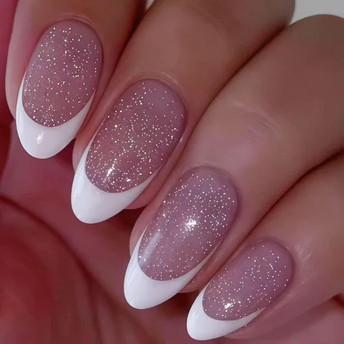Vista 22 de Uñas postizas a presión con punta francesa, uñas postizas medianas con flores 3D, concha de perla, diseño de estrellas de mar, uñas blancas a