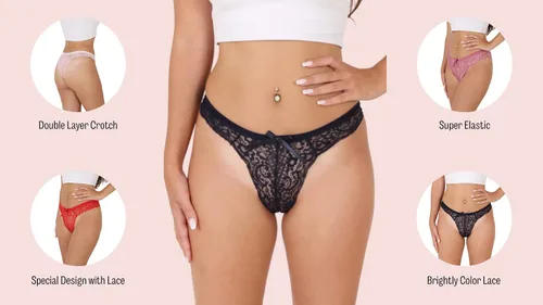 Vista 6 de YEZSTART - Tangas de algodón para mujer, transpirables, suaves, elásticas, con encaje, paquete múltiple