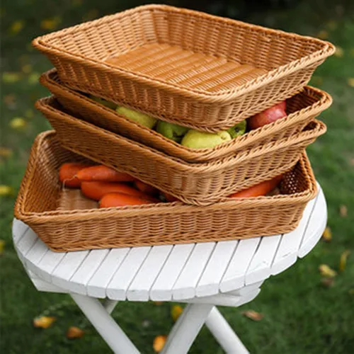 Vista 8 de Yarlung Paquete de 3 cestas de pan tejidas de ratán sintético, cestas de frutas de mimbre de plástico de 11.8 x 7.8 pulgadas para servir alimentos
