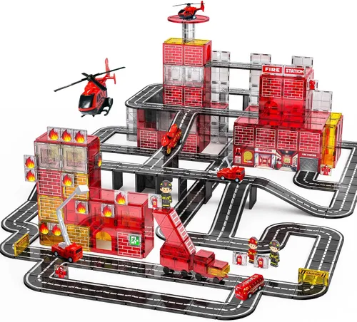 Vista 9 de Juego de camiones de bomberos con azulejos magnéticos, bloques magnéticos