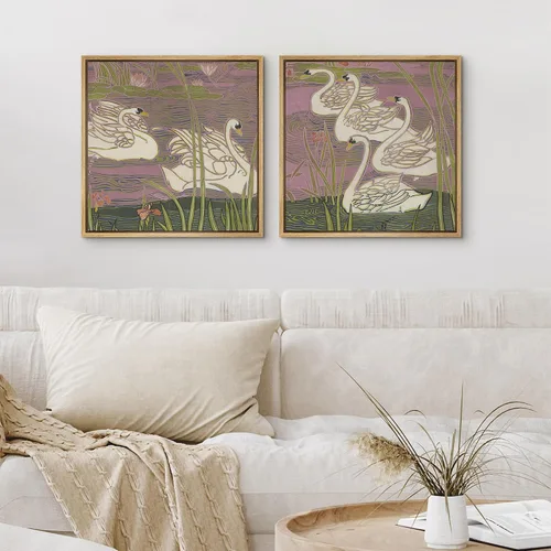 Vista 2 de SIGNFORD Impresión en Lienzo Enmarcado Arte de Pared Art Nouveau Lago de Cisnes Elegantes Ilustraciones de Aves Acuáticas Moderno Boho Naturaleza