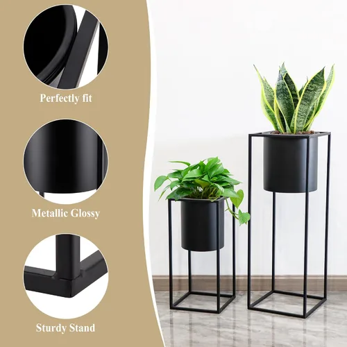 Vista 5 de TRIROCKS Juego de 2 macetas grandes de metal con soporte para plantas de interior de 28 y 18 pulgadas de alto para sala de estar, esquina, cocina