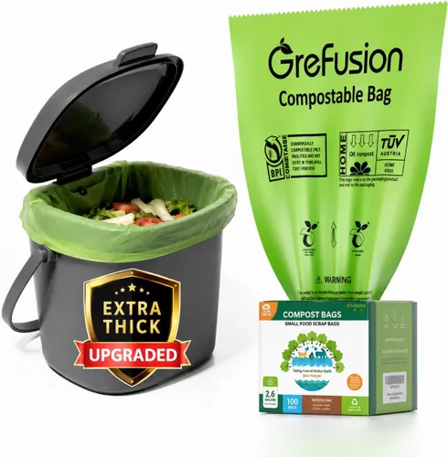 Vista 12 de GreFusion Bolsas compostables para cubo de compost de cocina, 1.2 galones, 125 unidades, certificadas por BPI y ASTM, a prueba de fugas y control