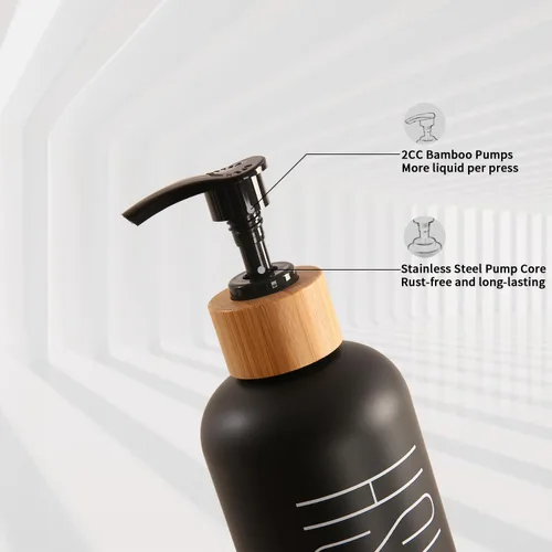 Vista 6 de Dispensador de champú y acondicionador Prus Waso con bombas y bandeja de bambú, perfecto para artículos esenciales del baño para un nuevo hogar Negro