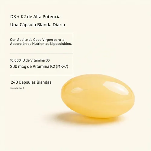 Vista 2 de Vitamina D3 + K2 con aceite de coco – D3 10,000 UI y K2 (MK-7) 200 mcg Apoyo de alta potencia 2 en 1 para la salud ósea e inmune Fácil de tragar