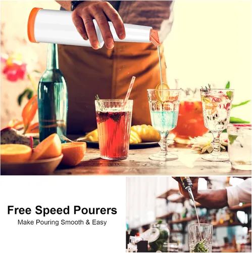 Vista 3 de 4 botellas de jugo y 10 vertedores, suministros de bar, botellas y recipientes de plástico para verter jugos y botellas de plástico para verter