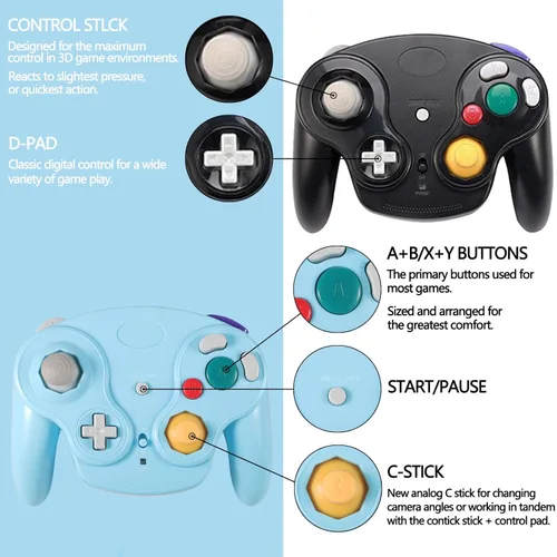 Vista 4 de PGYFDAL Wireless Game Cube Controller, 2 Pieces 2.4G Wireless Classic Gamepad with Receiver Adapter for Wii Game Cube NGC GC (Black and Blue)