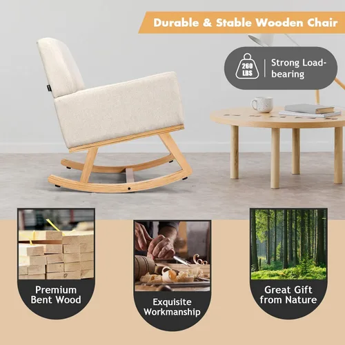 Vista 4 de S AFSTAR Mecedora, silla tapizada de tela con marco de madera resistente y asiento acolchado, sillón moderno para sala de estar (beige)