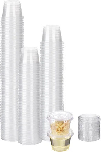 Vista 5 de [500 juegos – 1 onza] Vasos desechables de plástico para soufflé/porciones con tapas a granel perfecto para vasos de chupito, condimentos, aderezos