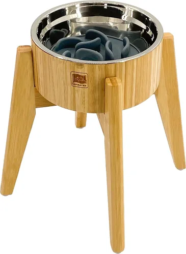 Vista 11 de Cuenco para perros para gatos y perros pequeños, totalmente natural, cuenco de cáscara de coco pulido con soporte de madera, altura total