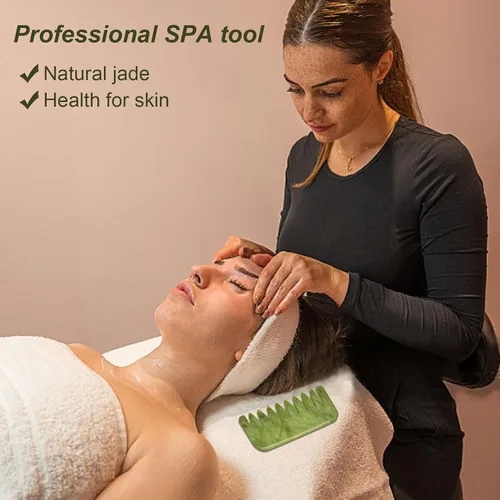 Vista 4 de gemshan Jade Gua Sha Peine, 2 piezas de peine de masaje de jade verde para el cuidado de la cabeza, cabeza relajada, cuero cabelludo profundo