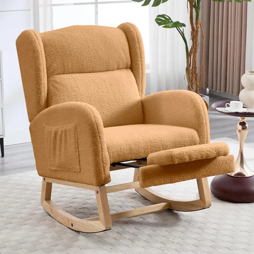 Vista 10 de NIOIIKIT Silla Mecedora de Guardería con Reposapiés, Silla Deslizante Tapizada Teddy, Reclinable Deslizante de Guardería con Bolsillo Lateral