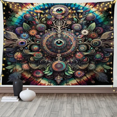 Vista 142 de Ambesonne Tapiz Trippy, vista panorámica de la cascada con bosques de ensueño y mandala oriental psicodélico, decoración de tela para colgar