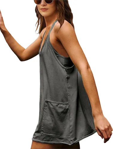 Vista 3 de Zhiyouni Minivestido de verano sin mangas para mujer, cuello en V, tirantes delgados, atlético, pantalones cortos integrados