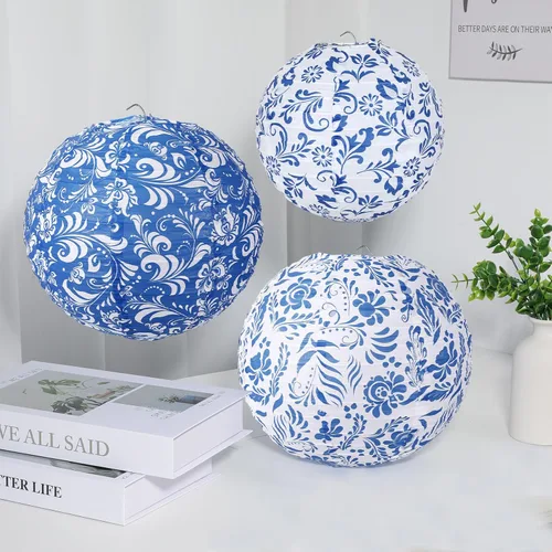 Vista 4 de Lonfliness 15 linternas de papel chinoiserie de 10 pulgadas y 8 pulgadas de porcelana azul y blanca colgantes, decoración de fiesta, farol redondo