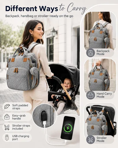 Vista 5 de houscly Mochila para pañales con cambiador: bolsas de bebé de viaje negras para niñas y niños, pañaleras para bebe, artículos esenciales para recién