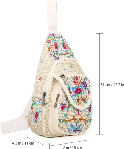 Vista 5 de SILKAREA Bolso bandolera pequeño floral vintage para mujer, bolso de mano, bolso de hombro, mochila bordada de viaje (beige rojo)