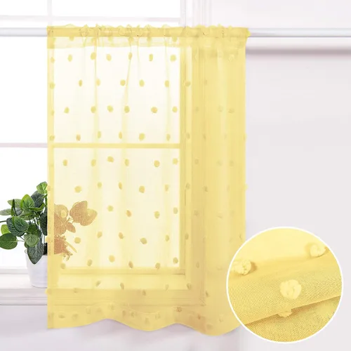 Vista 3 de Cortinas cortas amarillas de 30 pulgadas de largo para ventanas de cocina, juego de 2 unidades de cortinas transparentes con bolsillo para barra