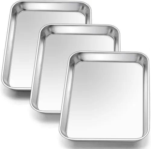 Vista 19 de E-far Mini bandeja para horno tostador, bandeja para hornear galletas de acero inoxidable de 9.4 x 7.3 pulgadas, bandeja pequeña de metal no tóxico