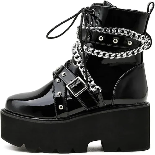 Vista 6 de Parisuit Botines góticos de charol para mujer, con plataforma, tacón alto grueso, con cordones, botas de combate punk, botas cortas