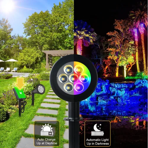 Vista 3 de T-SUNUS Paquete de 6 focos solares para paisajes que cambian de color, luces solares impermeables para exteriores, luz de estanque de jardín, luz