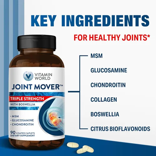 Vista 6 de Vitamin World Movimiento de articulaciones de triple fuerza, glucosamina condroitina con suplemento de apoyo articular MSM, extracto de colágeno