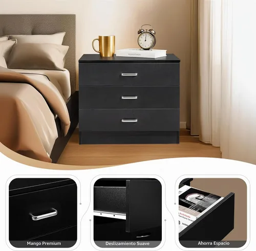 Vista 8 de Vasitelan Cómoda de madera con 3 cajones, cómoda de almacenamiento moderna, mesita de noche de madera para dormitorio, sala de estar (negro)