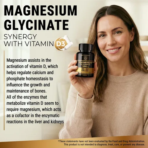 Vista 3 de Glicinato de magnesio 1500 mg con vitamina D3 K2 10,000 UI - Salud ósea, apoyo inmunológico, energía y estado de ánimo - Sin OMG, sin gluten, 60