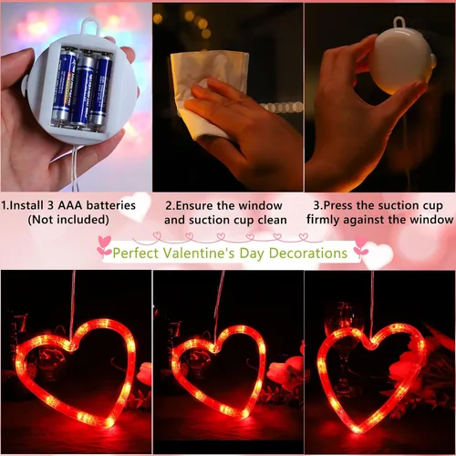 Vista 6 de 3 luces de ventana para el día de San Valentín, decoración de ventana con forma de corazón rojo, funciona con pilas, luces románticas colgantes
