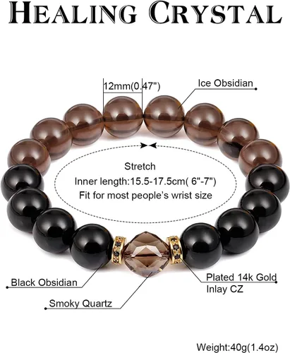 Vista 4 de Jewever Pulseras de Obsidan negro con cuarzo ahumado para hombres y mujeres, cristales curativos energéticos, cuentas de piedras preciosas de 0.47