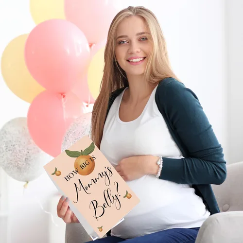 Vista 13 de Sabary 64 Piezas Juegos de Baby Shower Incluyen Letrero How Big is Mommy's Belly Sign Measure Bump Game 50 Tarjetas 10 Lápices 3 Cintas Métricas
