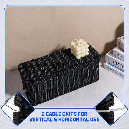 Vista 7 de Caja de organización de cables, organizador de cables de ratán hecho a mano con 2 ranuras abiertas, organizador de cables para regleta de Negro