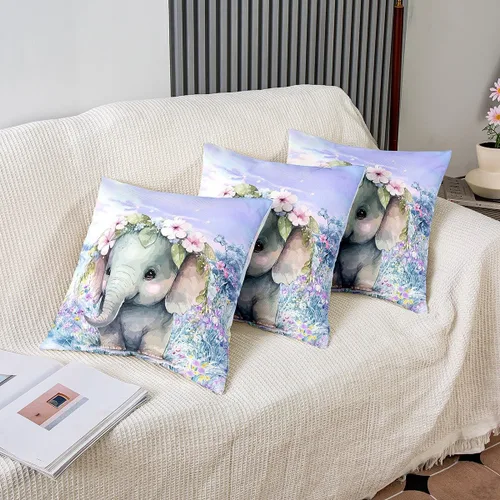 Vista 4 de Castle Fairy Juego de 2 fundas de almohada Kawaii con diseño de elefante, diseño de animales salvajes y flores rosas en acuarela, 16 x 16 pulgadas