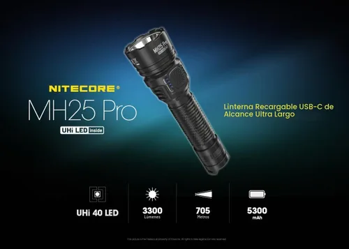 Vista 2 de Nitecore MH25 Pro - Linterna de largo alcance, 3300 lúmenes de alto lumen de 770 yardas de largo alcance, USB-C recargable compacta luz de caza