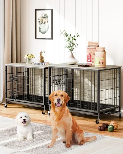 Vista 2 de Mueble de jaula para perros de 38.6 pulgadas, perrera de interior con puertas dobles, ruedas y bandeja extraíble, mesa auxiliar moderna para perros