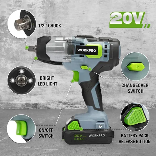 Vista 2 de WORKPRO Llave de impacto inalámbrica de 20 V, de 1/2 pulgada, par máximo de 320 pies-libra, batería de iones de litio de 2.0 Ah con cargador rápido