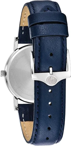 Vista 3 de Bulova Reloj clásico de cuarzo para mujer, acero inoxidable con correa de cuero azul, tono plateado (Modelo 96M146), AzulBlanco