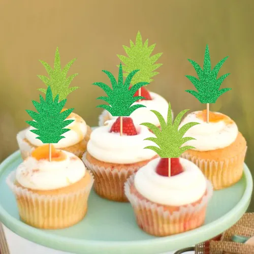 Vista 6 de Ercadio Paquete de 24 adornos para cupcakes de piña, color verde, con purpurina, dona, piña, cupcakes, hawaiano, tropical, divertido, tema de piña