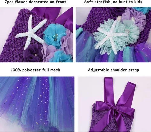 Vista 5 de Davsolly Little Girls Mermaid Costume Mermaid Birthday Dress for Halloween Cosplay Party Dress Up with Mermaid Shell Headband