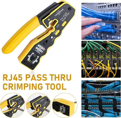 Vista 2 de Kit de Herramientas de Crimpado RJ45 Pass Through Crimpadora Ethernet para Enchufes Modulares Cat5e Cat6 Cat6a 8P8C, Herramienta de Crimpado Cat6