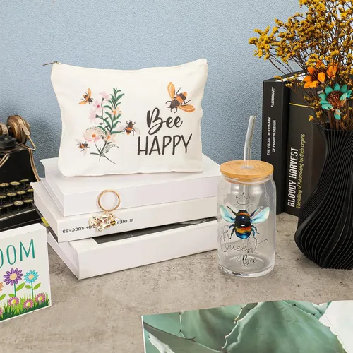Vista 4 de Hushee - 3 piezas de regalos temáticos de abeja, bolsa de maquillaje feliz y taza de vidrio con tapa, llavero inspirador para profesores, amigas